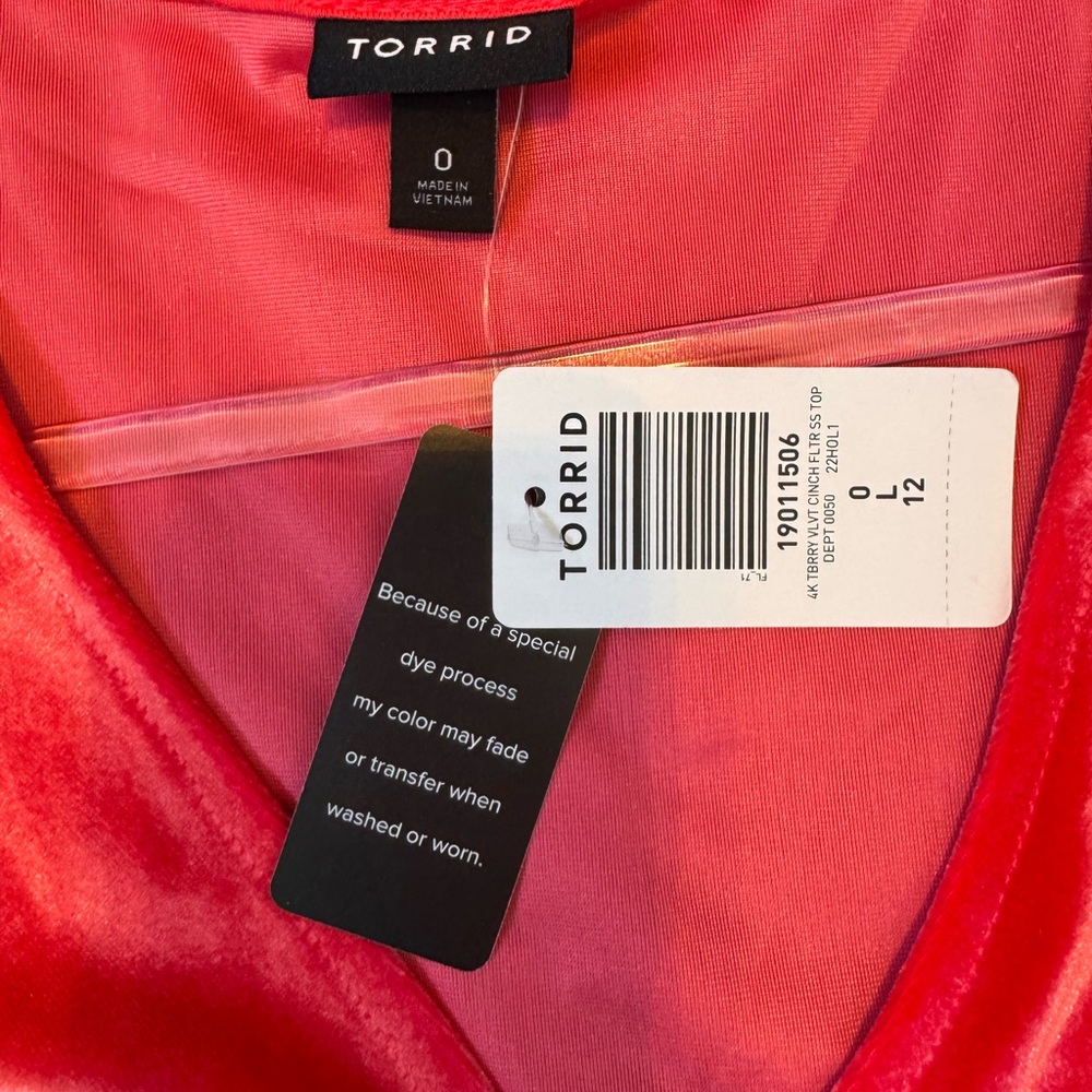 Torrid Hot Pink Velvet Ruched Short Sleeved Top, Size 0 (L/12) V Neck - Picture 9 of 10